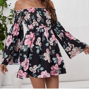 SHEIN LUNE Off Shoulder Frill Trim Shirred Black Floral Dress size small women’s